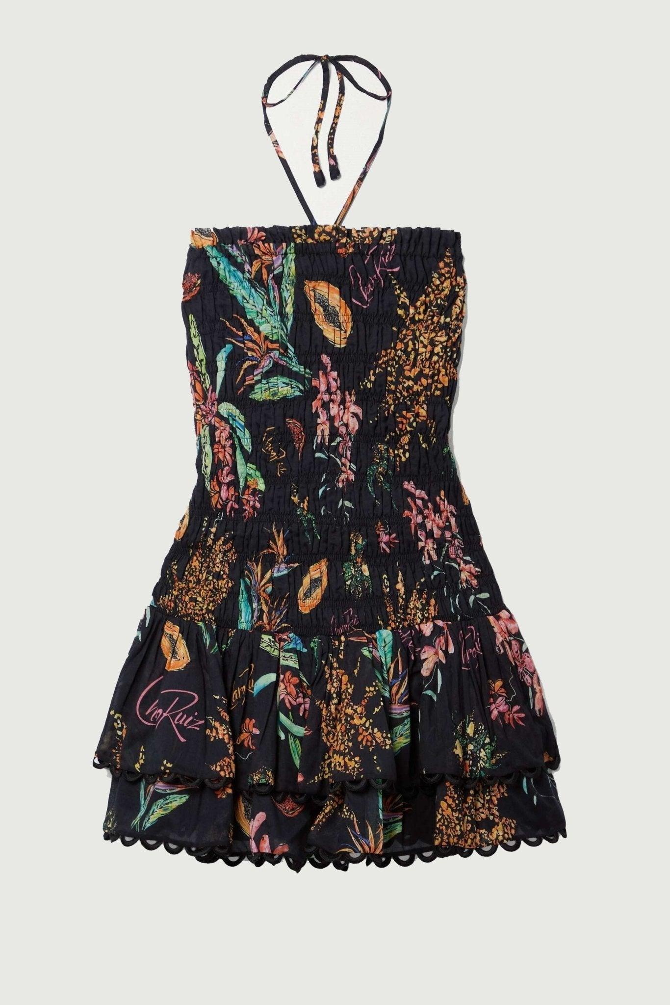 Rosa Shirred Printed Mini Dress | Black | Party | Chiffon - ZyraLux Kleding en accessoires