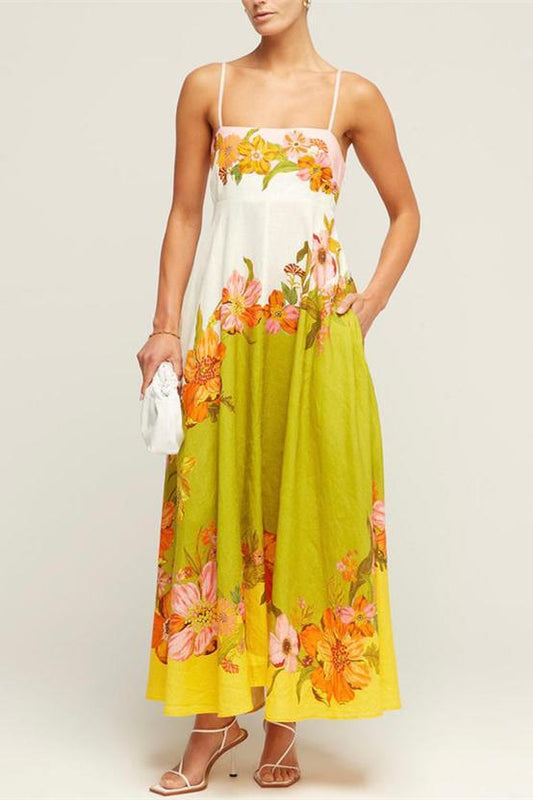 Sheila Floral Print Midi Dress | Yellow White | Summer | Linen - ZyraLux Kleding en accessoires