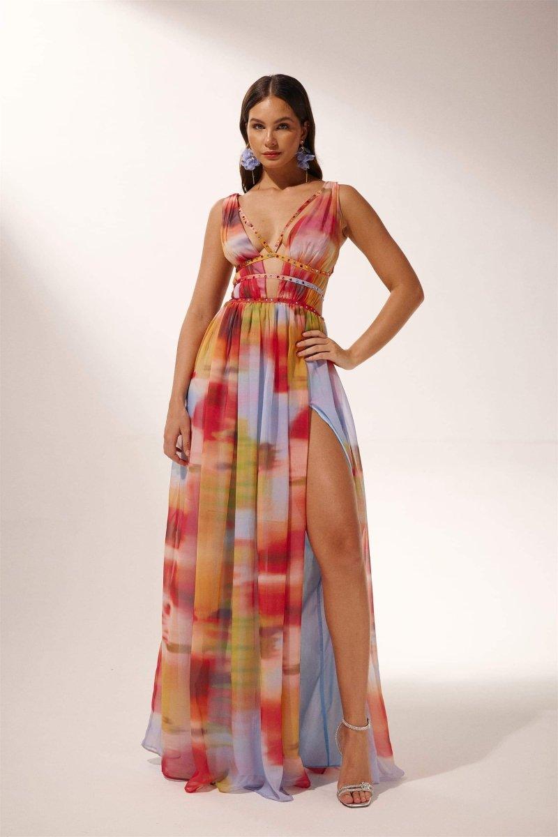 Sheila Printed High Slit Maxi Dress | Color Mix | Evening | Chiffon - ZyraLux Kleding en accessoires