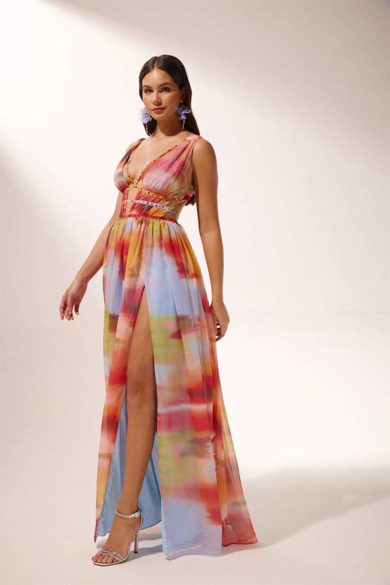 Sheila Printed High Slit Maxi Dress | Color Mix | Evening | Chiffon - ZyraLux Kleding en accessoires