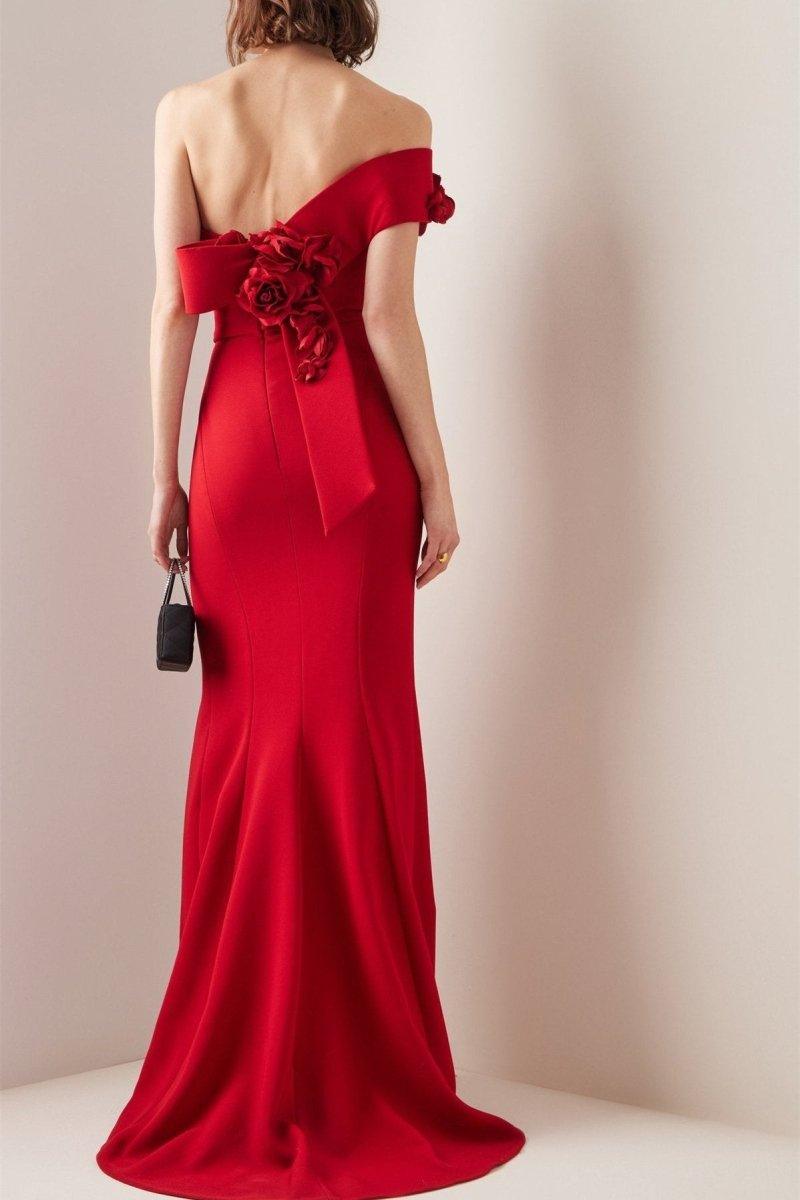 Sibyl One Shoulder Floral Applique Maxi Dress | Red | Formal | Polyester - ZyraLux Kleding en accessoires