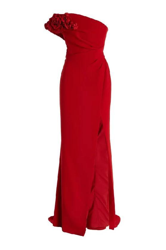 Sibyl One Shoulder Floral Applique Maxi Dress | Red | Formal | Polyester - ZyraLux Kleding en accessoires