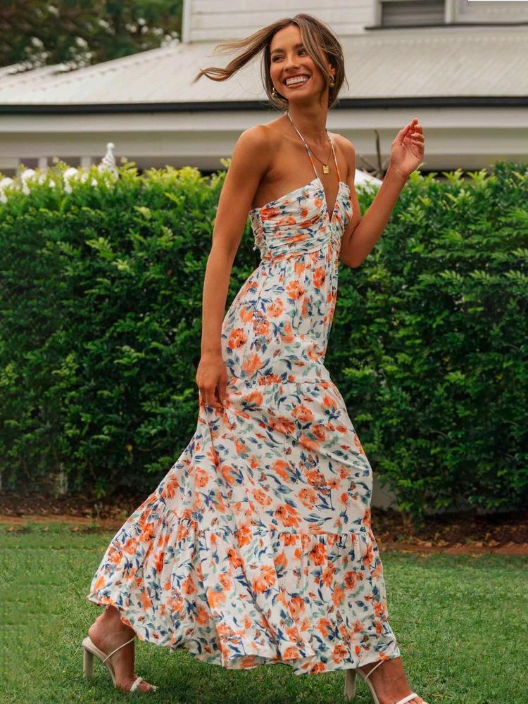 Floral Printed Halterneck Maxi Sundress | Multicolor | Beach Day | Cotton - ZyraLux Kleding en accessoires