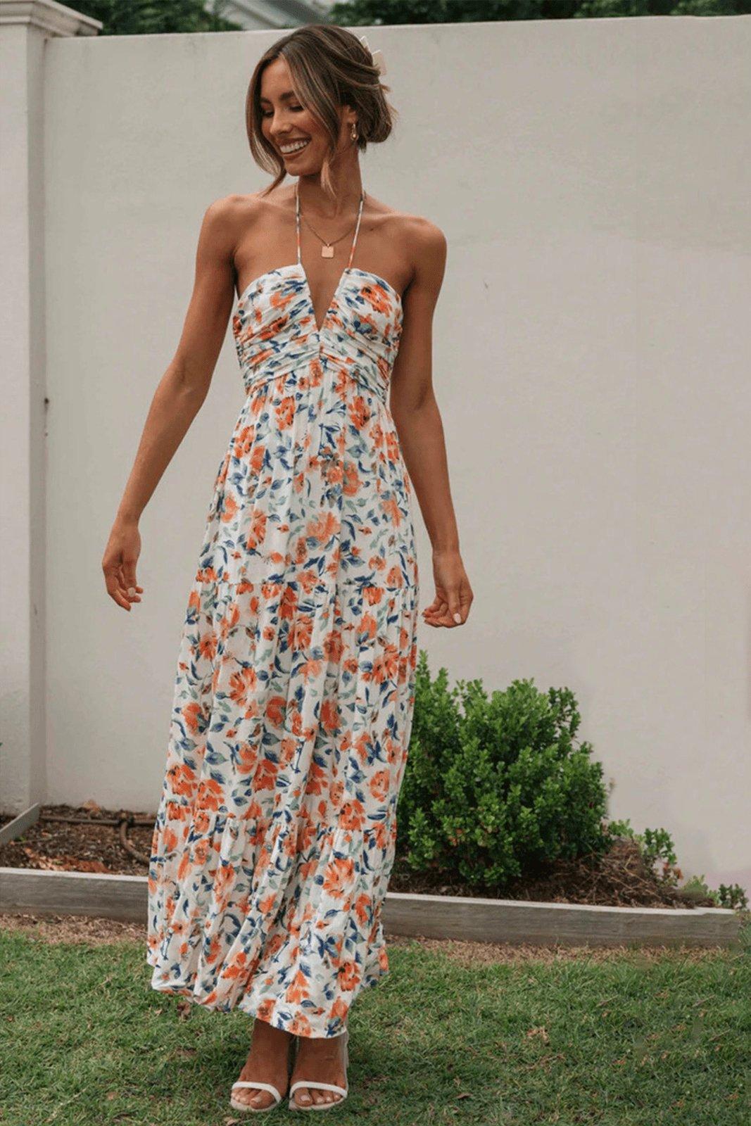 Floral Printed Halterneck Maxi Sundress | Multicolor | Beach Day | Cotton - ZyraLux Kleding en accessoires