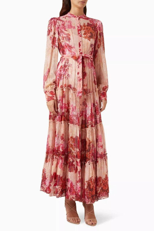 Floral Long Sleeve Maxi Dress | Elegant Tiered Design | Fromal | Hot Pink - ZyraLux Kleding en accessoires