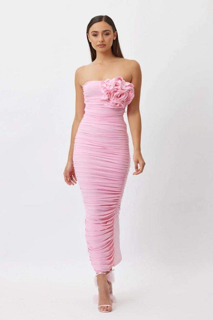 Tina Flower Strapless Midi-jurk | Roze | Formeel | Polyester