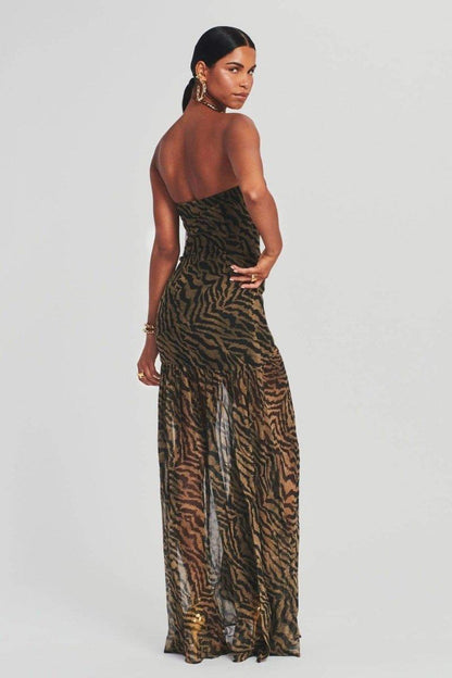 Tiger Stripe Slit Sheer Maxi-jurk | Bruin | Feest | Polyestermix