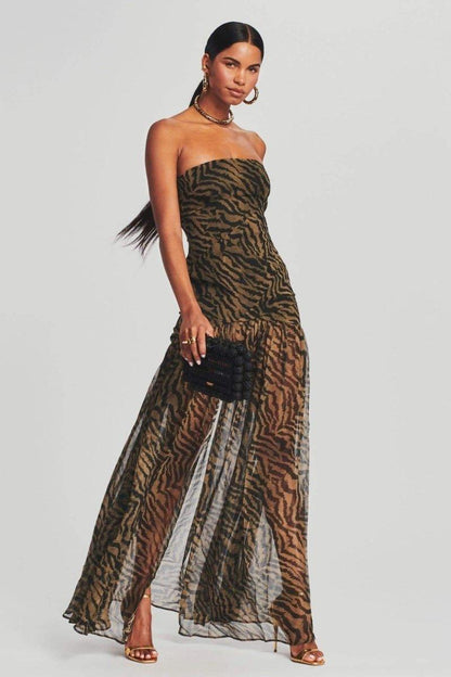 Tiger Stripe Slit Sheer Maxi-jurk | Bruin | Feest | Polyestermix