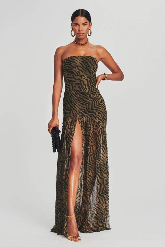 Tiger Stripe Slit Sheer Maxi-jurk | Bruin | Feest | Polyestermix