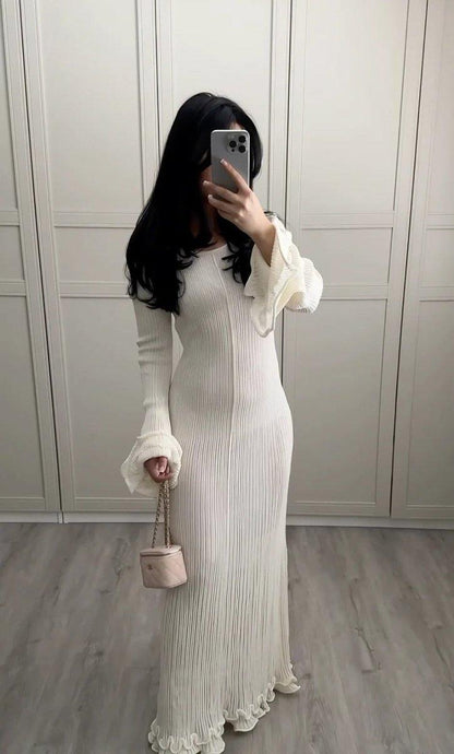 Maxi Dress - White - Ribbed Knit - Elegant and Flowing - ZyraLux Kleding en accessoires